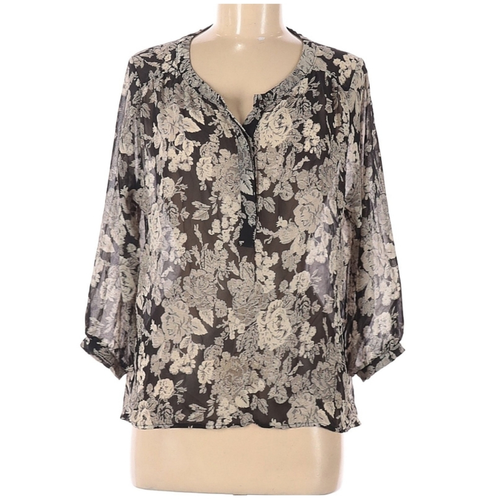 ASTR Anthropologie Blouse Size Medium Black Beige High Low Hem 3/4 Sleeve